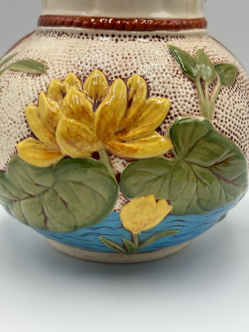 Samuel Lear Pond Lily & Rope Pattern Majolica Pitcher Rope Handle Reproduction - Picture 6 of 7